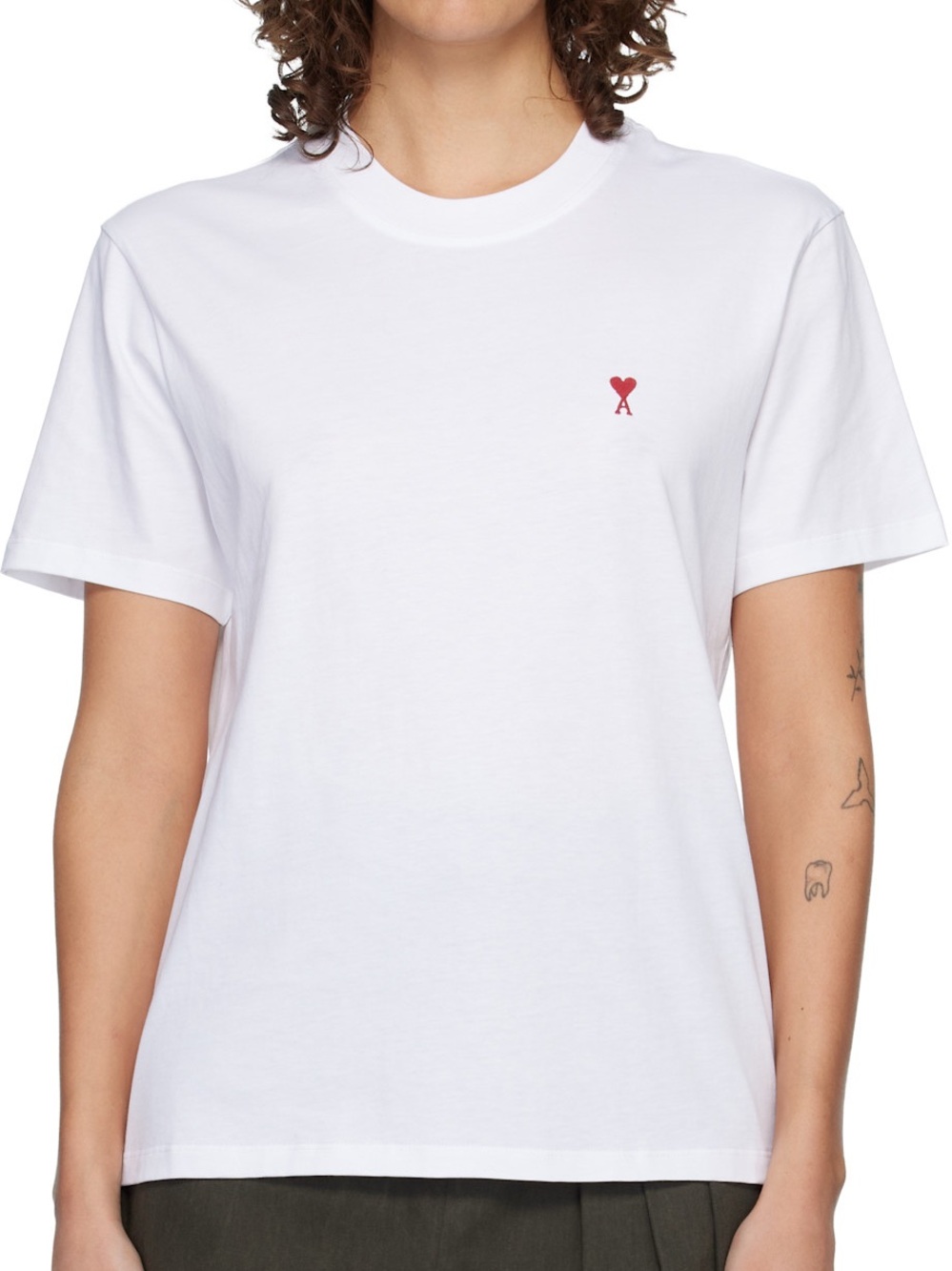 Ami White Crewneck T-Shirt with Red Heart Detail
